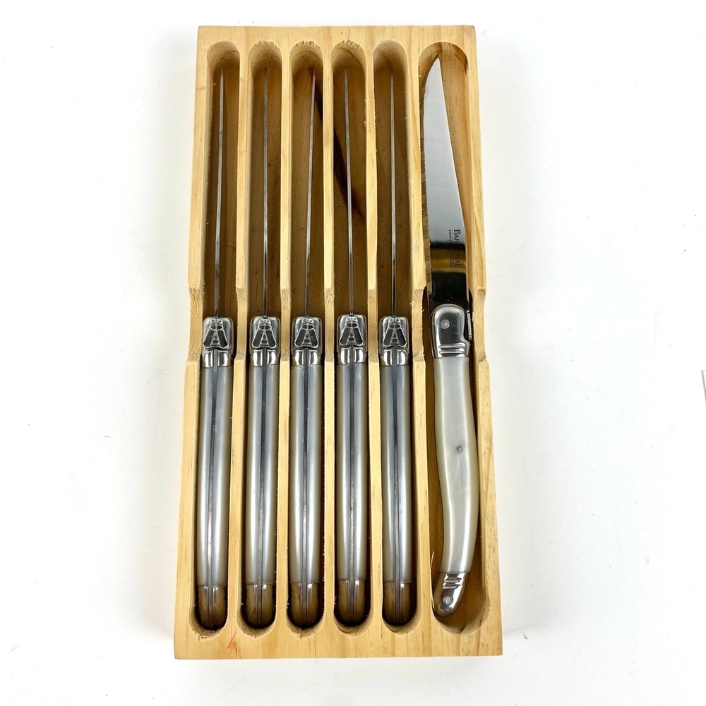 New French Steak Knives 6 Jean Dubost Laguiole in Wood Box Bee Decor